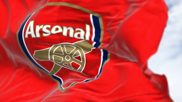 London Mei 2023 Arsenal Football Club Vlag Zwaaiend Een Heldere — Stockfoto