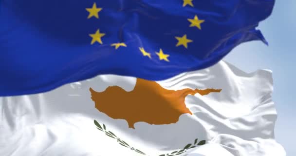 Cypriot Flag Waving European Union Flag Symbolic Unity Pride National — Video Stock