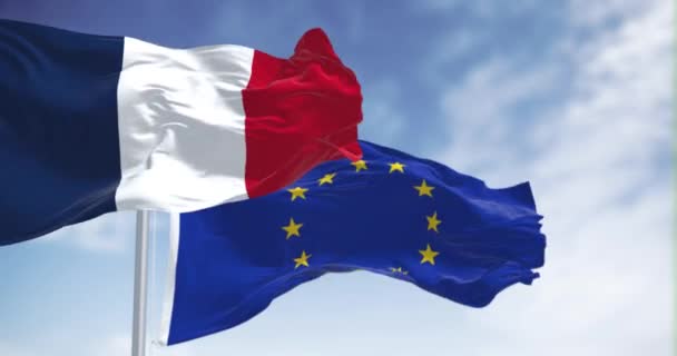 フランスの国旗と欧州連合は明確な日を共に振る フランスは1958年にEu加盟 シームレス3Dレンダリングアニメーション スローモーションループ 選択的な焦点 フラッターファブリック 4Kについて — ストック動画