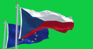 Çek Cumhuriyeti ve Avrupa Birliği bayrakları yeşil arka planda dalgalanıyor. Sembolik birlik, vatanseverlik ve Avrupa işbirliği. Kusursuz 3D canlandırma animasyonu. Yeşil ekran. Krom anahtar. Yavaş çekim döngüsü. 4K