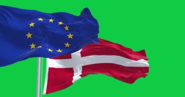 Danimarka 'nın ulusal bayrağı ve Avrupa Birliği bayrağı yeşil zemin üzerinde rüzgarda dalgalanıyor. Kusursuz 3D canlandırma animasyonu. Yeşil ekran. Krom anahtar. Yavaş çekim döngüsü. 4K