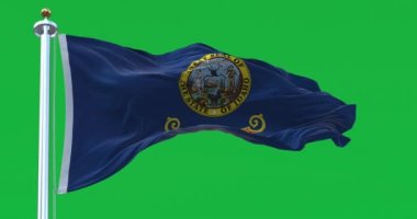 Yeşil arka planda dalgalanan Idaho eyalet bayrağı. Mavi arka planda eyalet mührü var. Kusursuz 3D canlandırma animasyonu. Yeşil ekran. Krom anahtar. Yavaş çekim döngüsü. 4K
