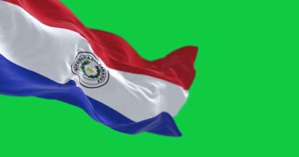 Парагвайський Прапор Махає Ізольовано Зеленому Екрані Невелика Глибина Різкості Вибірковим — стокове відео