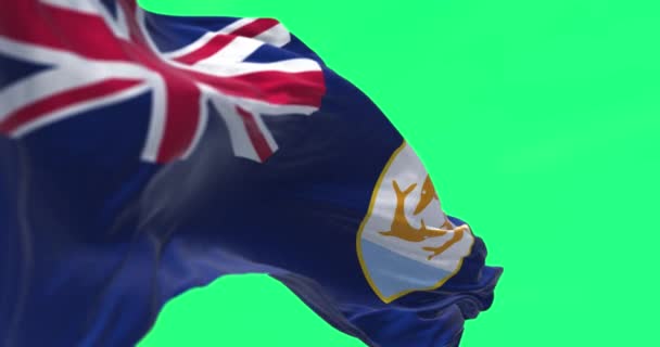Σημαία Ανγκουίλα Κυματίζει Πράσινο Φόντο Μπλε Σημαιοφόρος Βρετανική Σημαία Οικόσημο — Αρχείο Βίντεο