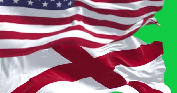 美国和阿拉巴马州的国旗飘扬在一起 阿拉巴马州的国旗在白地上有一个红十字标志 无缝3D渲染动画 绿色屏幕 慢动作回圈4K 后续行动 — 图库视频影像