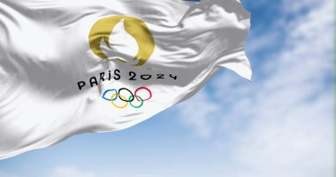 Paris, FR, 23 Mayıs 2023: Paris 2024 Olimpiyat Oyunları bayrağı rüzgarda sallanıyor. Uluslararası spor müsabakası yaklaşıyor. Resimli 3d illüstrasyon oluşturucu.