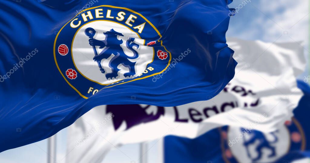 London, UK, July 12 2023: Chelsea Football Club and Premier League flags waving on a clear day. Rippled Fabric. Selective focus. Illustrative editorial 3d illustration render