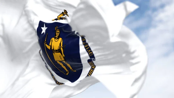 Close Bandeira Estado Massachusetts Acenando Brasão Armas Estado Sobre Fundo — Fotografia de Stock