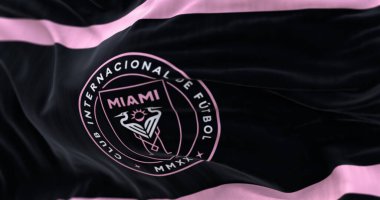 Miami, ABD, 25 Temmuz 2023 Miami futbol kulübü bayrağı rüzgarda sallanıyor. Amerikan profesyonel futbol kulübü. İllüstrasyon 3d illüstrasyon canlandırması. Seçici odaklanma. Yakın plan.