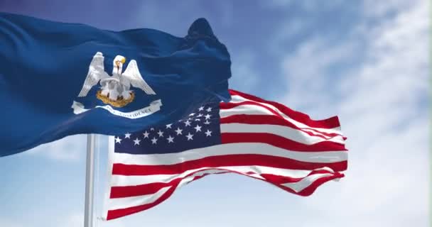 ルイジアナ州旗は明確な日にアメリカ合衆国の国旗を掲げている シームレス3Dレンダリングアニメーション スローモーションループ 選択的な焦点 フラッターファブリック 4Kについて — ストック動画