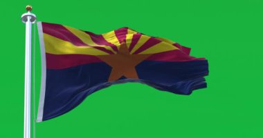 Arizona bayrağı yeşil arka planda izole edilmiş. Bakır yıldız, 13 adet kırmızı ve sarı ışık ve mavi alt yarısı. Kusursuz 3D canlandırma animasyonu. Yeşil ekran. Krom anahtar. Yavaş çekim döngüsü. 4K