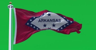 Arkansas eyalet bayrağı yeşil arka planda dalgalanıyor. Mavi kenarlı beyaz elmaslı kırmızı tarla. 29 yıldız ve maviler içinde ARKANSAS. Kusursuz 3D canlandırma animasyonu. Yeşil ekran. Krom anahtar. Yavaş çekim döngüsü. 4K