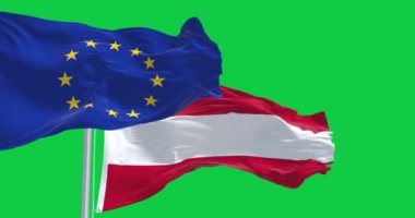 Yeşil arka planda izole edilmiş Avusturya ve Avrupa Birliği bayrakları sallanıyor. Demokrasi ve politika. Avrupa ülkesi. Kusursuz 3D canlandırma animasyonu. Yeşil ekran. Krom anahtar. Yavaş çekim döngüsü. 4K.