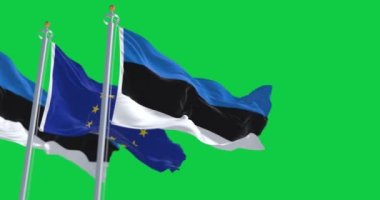 Estonya ve Avrupa Birliği bayrakları yeşil arka planda dalgalanıyor. 2004 yılından beri Avrupa Birliği üyesi. Kusursuz 3D canlandırma animasyonu. Yeşil ekran. Krom anahtar. Yavaş çekim döngüsü. 4 bin. Seçici odak