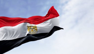 Mısır bayrağı açık bir günde rüzgarda sallanıyor. Yatay kırmızı, beyaz ve siyah şeritler. Beyaz bant merkezli Mısır kartalı amblemi. 3D illüstrasyon canlandırıcı. Çırpınan kumaş