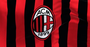 Milan, İtalya, 23 Temmuz 2023: A.C. Milan Bayrağı 'nın yakın çekimi. Milano, İtalya merkezli profesyonel futbol kulübü. İllüstrasyon 3d illüstrasyon canlandırması. El sallayan kumaş.
