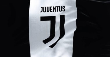 Torino, İtalya, 23 Temmuz 2023: Juventus Futbol Kulübü bayrağının yakın çekimi. Torino merkezli İtalyan profesyonel futbol kulübü. Resimli 3d illüstrasyon oluşturucu.