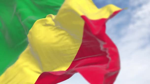 コンゴ共和国の国旗は晴れた日に風を吹いている グリーン イエロー レッドストライプを用いた対角トリコロール シームレス3Dレンダリングアニメーション スローモーションループ 選択的な焦点 4Kについて — ストック動画