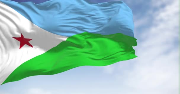 Bandera Nacional Djibouti Ondeando Día Claro Dos Bandas Iguales Azul — Vídeo de stock