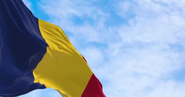 Bandera Nacional Chad Ondeando Viento Día Despejado Tricolor Vertical Azul — Vídeos de Stock