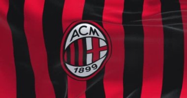 Milan, IT, 23 Temmuz 2023 A.C. Milan bayrağının rüzgarda dalgalanması. Milano, İtalya merkezli profesyonel futbol kulübü. Kusursuz 3 boyutlu animasyon. Yavaş çekim döngüsü. 4 bin. Desenli arkaplan