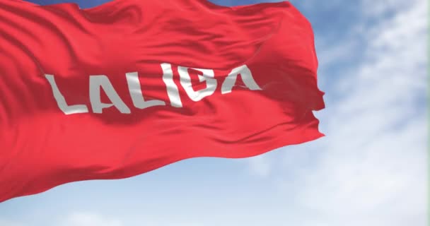マドリード 7月10日2023 晴れた日にラリーガの旗が振られています スペインサッカーリーグのトップサッカー部門 シームレス3Dレンダリングアニメーション スローモーションループ 4Kについて — ストック動画