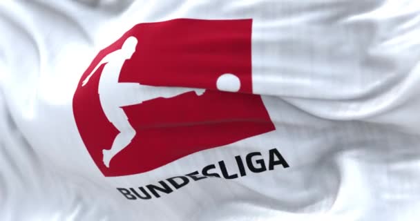 慕尼黑 2023年4月 德国国旗飘扬的特写 德国足球联盟 Bundesliga 是德国职业足球联盟 无缝3D渲染动画 慢动作回圈有选择的重点 — 图库视频影像
