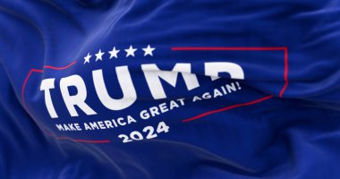 Arlington, ABD, 21 Temmuz 2023: Donald Trump seçim kampanyası bayrağı dalgalanıyor. 2024 ABD başkanlık seçimi. Resimli 3d illüstrasyon oluşturucu