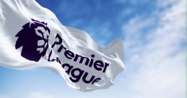 Londra, İngiltere, Nisan 2023: Premier Lig bayrağı rüzgarda dalgalanıyor. Premier League, İngiliz futbol ligi sisteminin en üst seviyesidir. Resimli 3d illüstrasyon oluşturucu