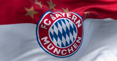 Münih, DE, 30 Haziran 2023: Bayern Münih bayrağı dalgalanması. Münih merkezli Alman spor kulübü. İllüstrasyon 3d illüstrasyon canlandırması. El sallayan kumaş. Desenli arkaplan