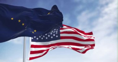 Alaska eyaleti bayrağı Birleşik Devletler bayrağıyla rüzgarda dalgalanıyor. Alaska bayrağı Big Dipper ve Polaris yıldızlarıyla mavidir. Kusursuz 3 boyutlu animasyon. Yavaş çekim döngüsü. 4k