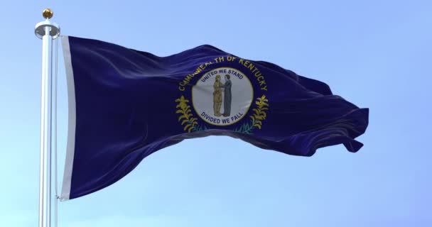 ケンタッキー州の国旗が晴れた日を振っている ケンタッキー州旗は州の封印を特徴としている 二人の男が抱擁し ユナイテッド スタンドをモットーに 我々は上に落ちる シームレス3Dレンダリングアニメーション スローモーションループ 4Kについて — ストック動画
