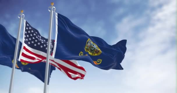 在一个晴朗的日子里 爱达荷州的国旗与美利坚合众国国旗一同飘扬 无缝3D渲染动画 慢动作回圈有选择的重点 — 图库视频影像