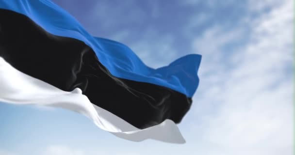 エストニアの国旗は 晴れた日を風で振っています ブルー ブラック ホワイトの3つの等しいバンドを特徴とする水平トリコロール シームレス3Dレンダリングアニメーション スローモーションループ 選択的な焦点 4Kについて — ストック動画