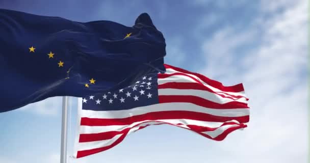 アラスカ州旗はアメリカ合衆国の国旗で風を吹いている アラスカの旗はビッグディッパーとポラリスの星で青い シームレス3Dレンダリングアニメーション スローモーションループ 4Kについて — ストック動画