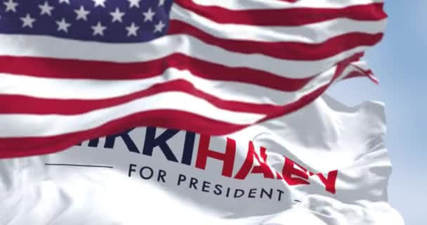Washington Usa Juni 2023 Nikki Haley 2024 Presidentvalskampanjens Flagga Vinkar — Stockvideo