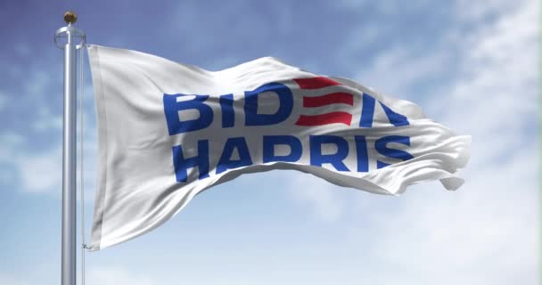 ワシントンD 4月2023 バイデン ハリス2024大統領選挙キャンペーンの旗が明確な日に掲げられています シームレス3Dレンダリングアニメーション スローモーションループ 選択的な焦点 4Kについて — ストック動画