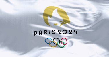 Paris, FR, 23 Mayıs 2023: Paris 2024 Olimpiyat Oyunları bayrağı rüzgarda dalgalanıyor. Uluslararası spor müsabakası yaklaşıyor. İllüstrasyon 3d illüstrasyon canlandırması. Desenli arkaplan