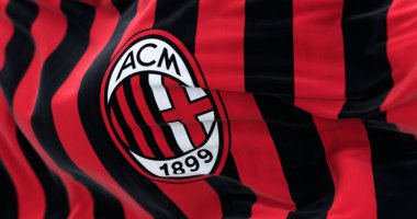Milan, İtalya, 23 Temmuz 2023: A.C. Milan Bayrağı 'nın yakın çekimi. Milano, İtalya merkezli profesyonel futbol kulübü. İllüstrasyon 3d illüstrasyon canlandırması. El sallayan kumaş.