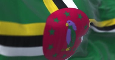 Dominica ulusal bayrağının yakın çekimi. Kusursuz 3 boyutlu animasyon. Yavaş çekim döngüsü. Seçici odaklanma. 4k