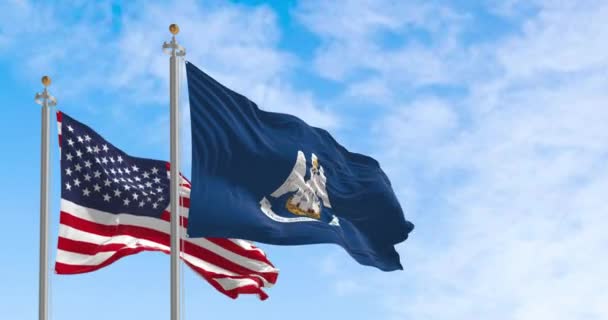 Державний Прапор Луїзіани Махав Вітром Національним Прапором Сполучених Штатів Безшовна — стокове відео