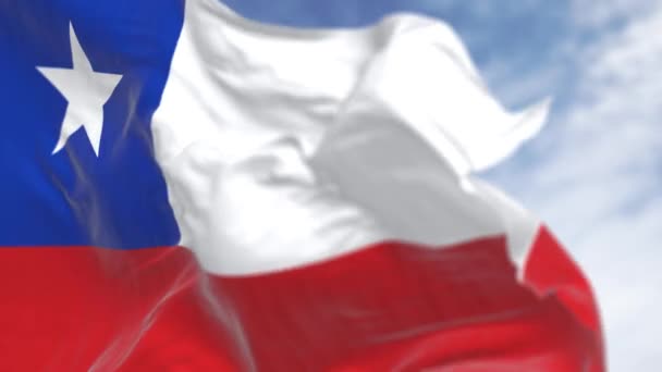 Großaufnahme Von Chiles Nationalflagge Die Geschwenkt Wird Rot Weiß Mit — Stockvideo