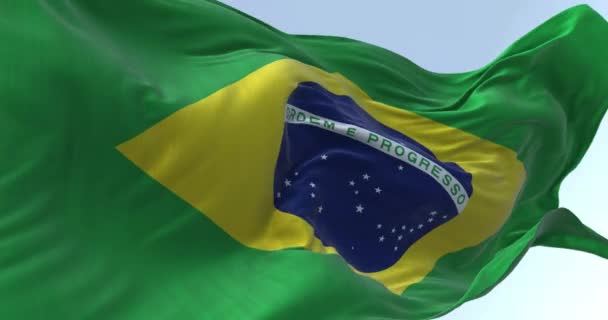 Close Bandeira Nacional Brasil Acenando Diamante Amarelo Campo Verde Com — Vídeo de Stock