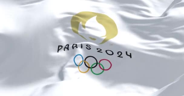 París Mayo 2023 Primer Plano Bandera Los Juegos Olímpicos París — Vídeo de stock