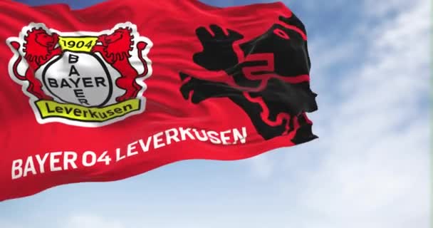 利弗库森 2023年8月2日 利弗库森的旗帜在晴天迎风飘扬 无缝3D渲染动画 慢动作回圈4K 德国德甲足球俱乐部 — 图库视频影像