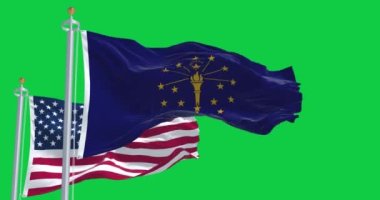Indiana eyalet bayrağı yeşil ekranda Amerika Birleşik Devletleri bayrağıyla dalgalanıyor. Kusursuz 3D canlandırma animasyonu. Yeşil ekran. Krom anahtar. Yavaş çekim döngüsü. 4 bin. Seçici odak