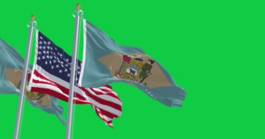 İki Delaware eyalet bayrağı yeşil ekranda ortada ABD bayrağıyla dalgalanıyor. Kusursuz 3D canlandırma animasyonu. Krom anahtar. Alfa kanalı. Yavaş çekim döngüsü. 4K