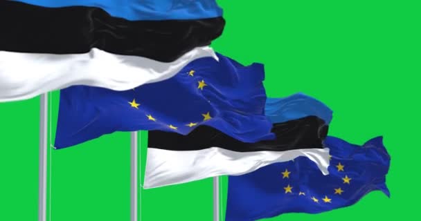 エストニアと欧州連合 の旗が緑色の背景に浮かんでいる 2004年から欧州連合加盟 シームレス3Dレンダリングアニメーション グリーン スクリーン クロマキー スローモーションループ 4Kについて 選択的なフォーカス — ストック動画