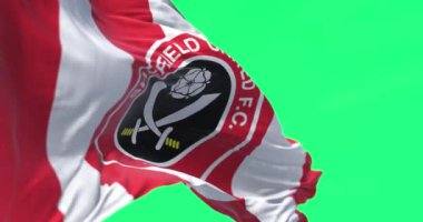 Sheffield, İngiltere, 30 Haziran 2023: Sheffield United Futbol Kulübü bayrağı yeşil ekranda sallanıyor. Premier Lig. Kusursuz 3D canlandırma animasyonu. Yeşil ekran. Krom anahtar. Yavaş çekim döngüsü. 4 bin. Seçici odak