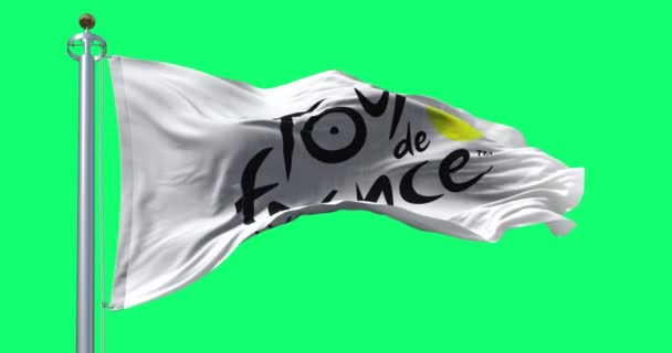Paryż Czerwca 2023 Flaga Tour France Falująca Zielonym Ekranie Duże — Wideo stockowe